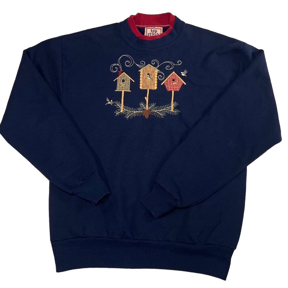Top Stitch Morning Sun Sweatshirt Size M Navy Embroidered Birdhouses Cottage VTG